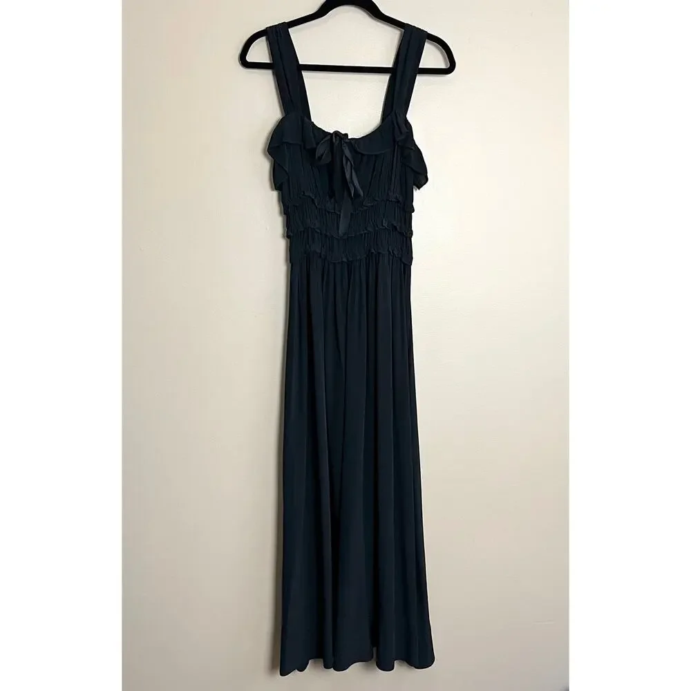 DÔEN Carolynn Crepe Smocked Midi Dress Black - Picture 7 of 15